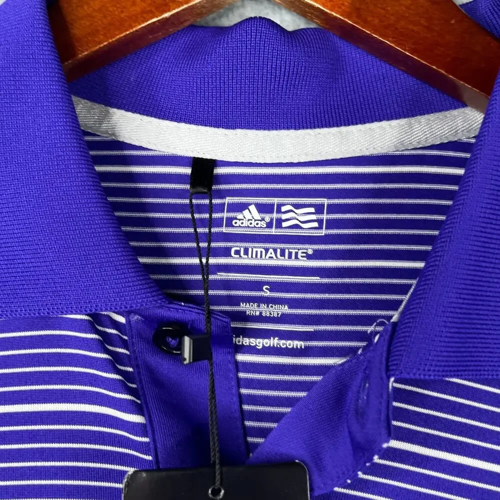 Adidas Polo Shirt Polo Shirt Small Purple White Striped Performance Stretch New
